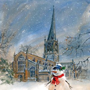 Chesterfield Parish Church with Snowman. By David Charlesworth